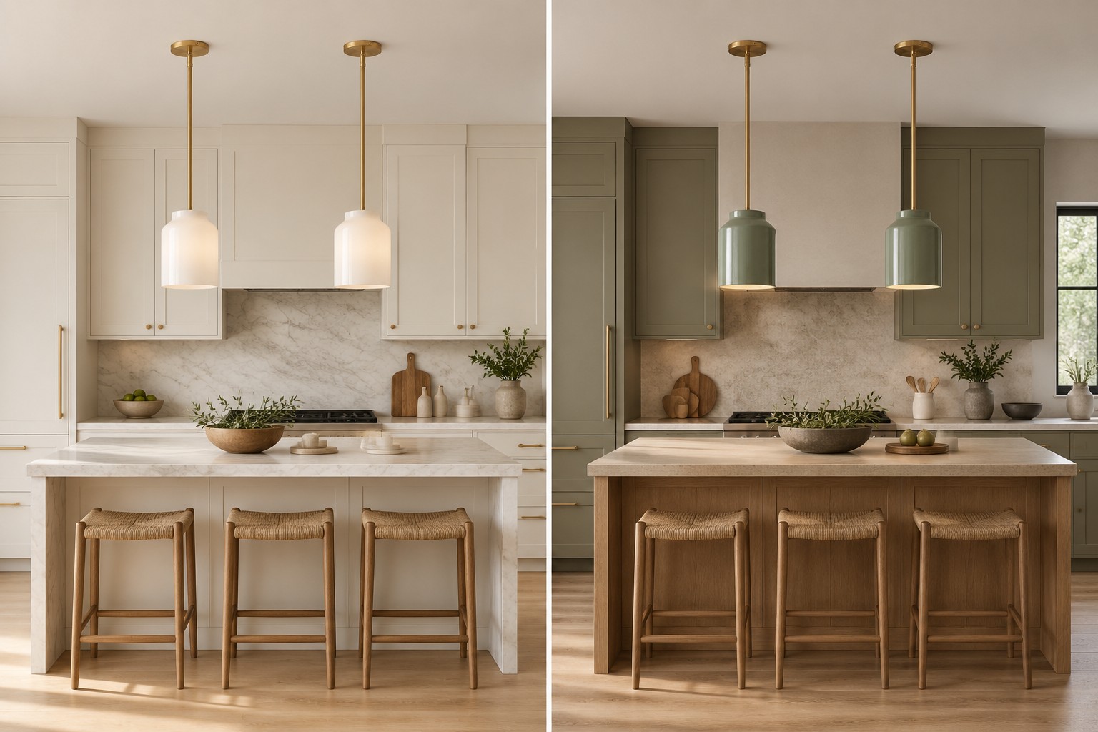 Two kitchens showing a subtle island pendant and a focal island pendant