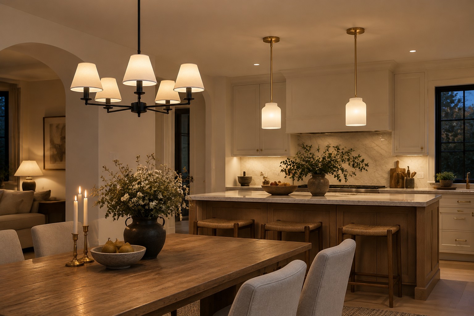 Kitchen island pendant seen from an adjacent dining table