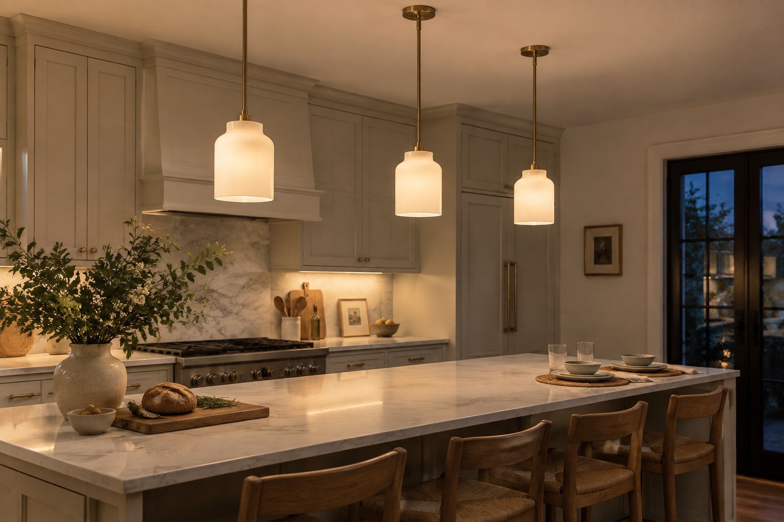 Three matching metal pendants above different zones of a long kitchen island