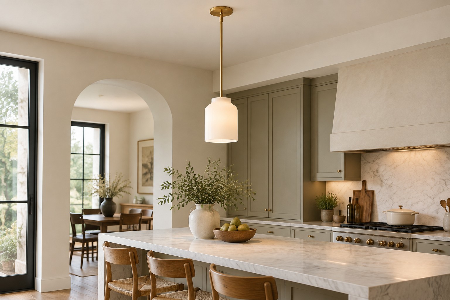 Pendant shade, ceiling canopy, and hanging length visible over an island
