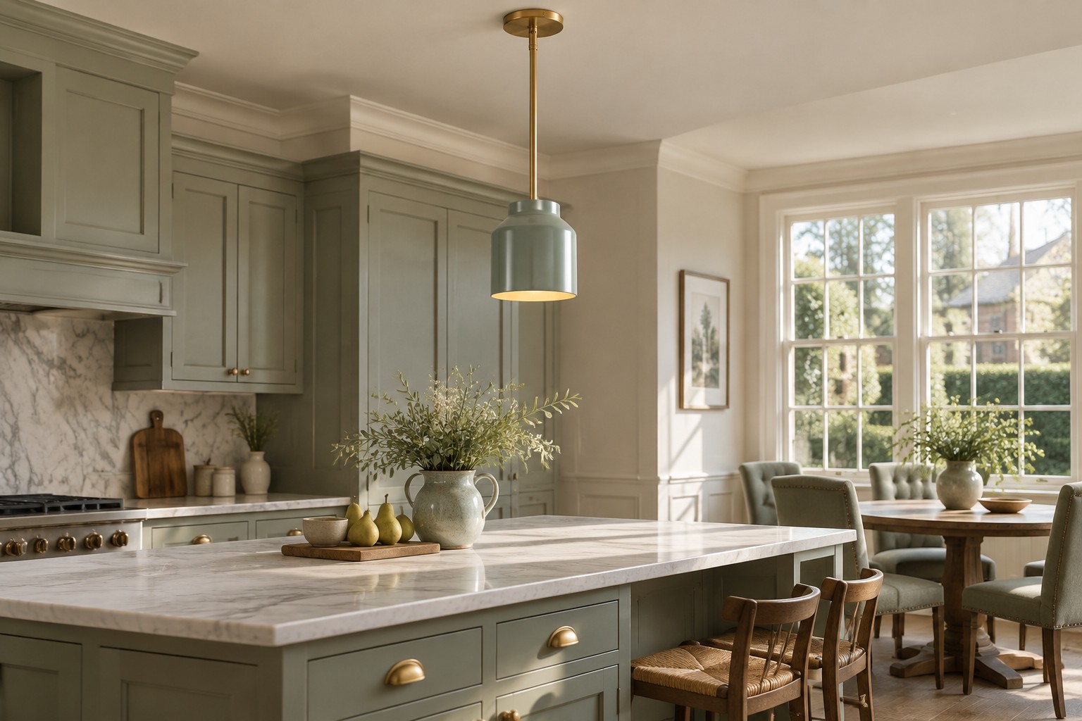 Muted celadon pendant echoing color in a kitchen dining area