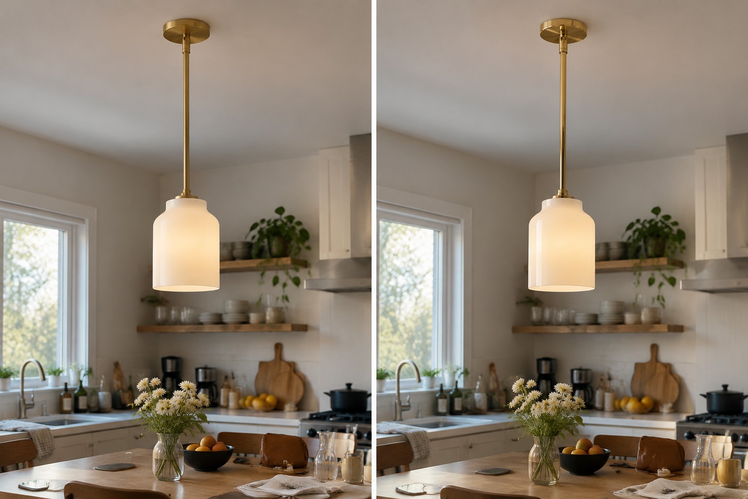 Same metal pendant silhouette shown with matte and glossy finish effects in one kitchen