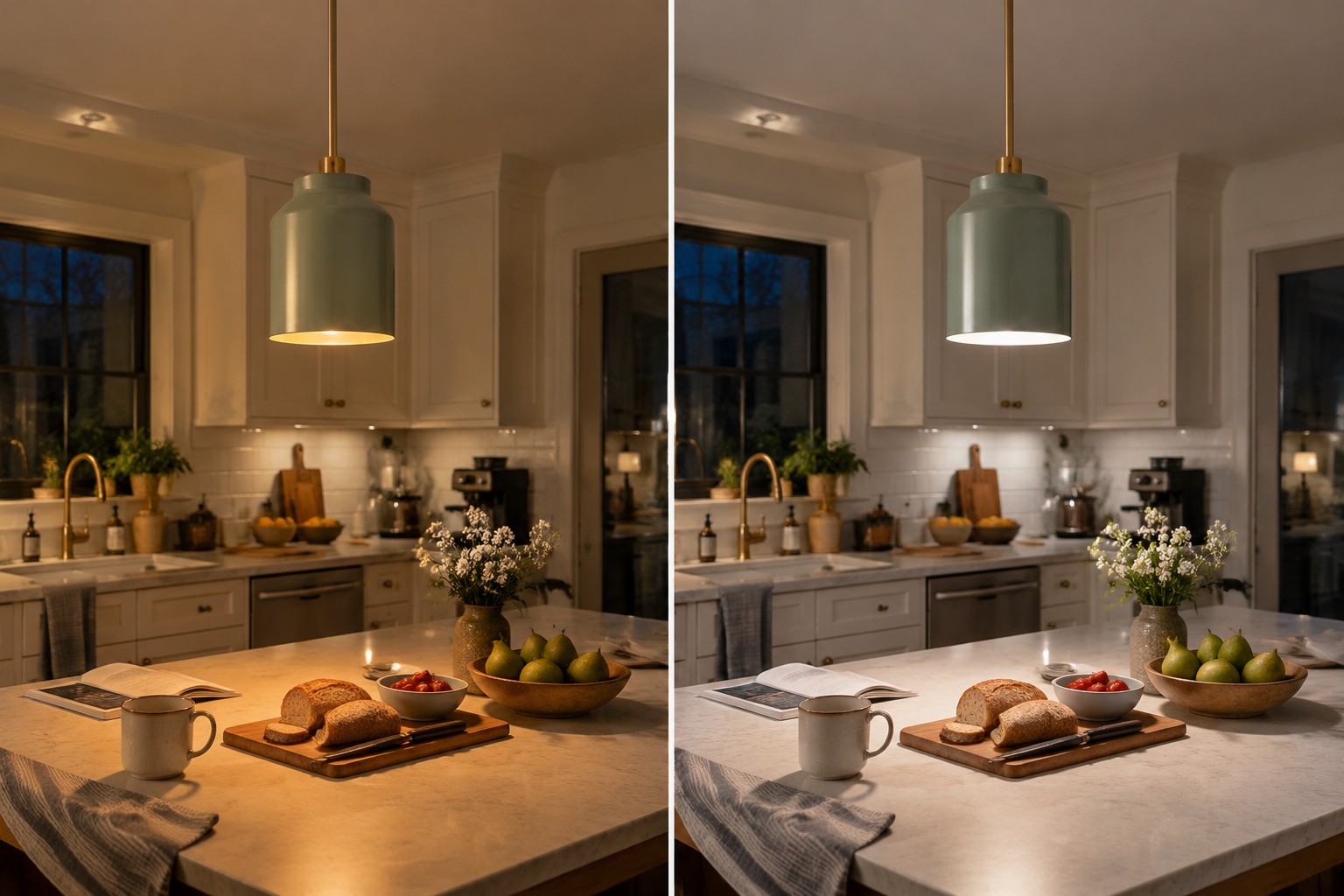 Same colored metal pendant with different white-light appearances on the kitchen island
