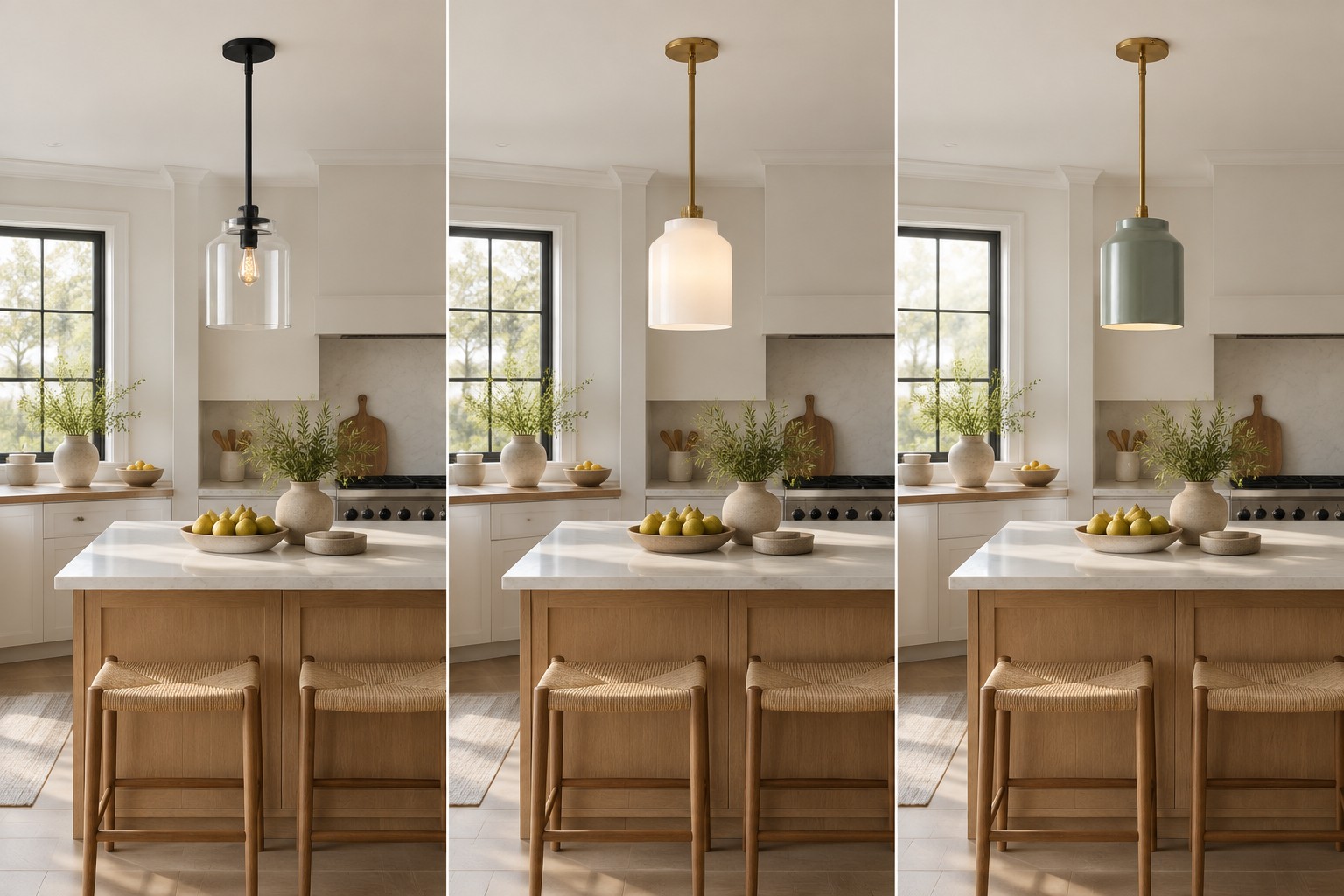 Black, ivory, and muted green pendant color concepts over comparable kitchen islands