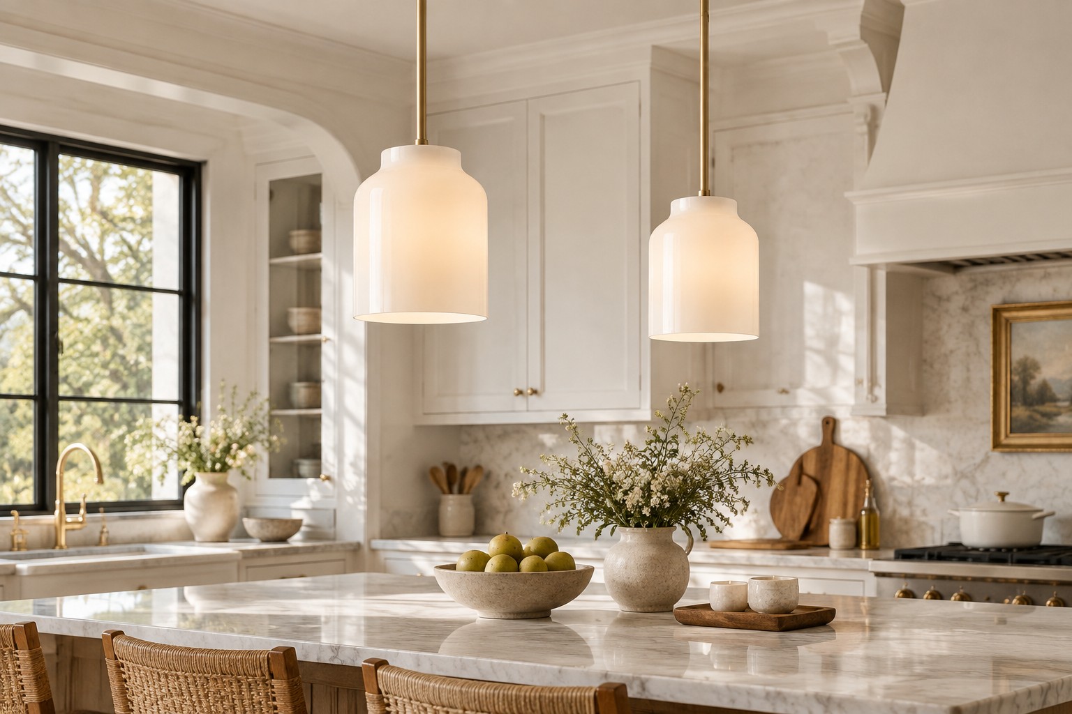 Close view of an ivory pendant shade and contrasting metal finish