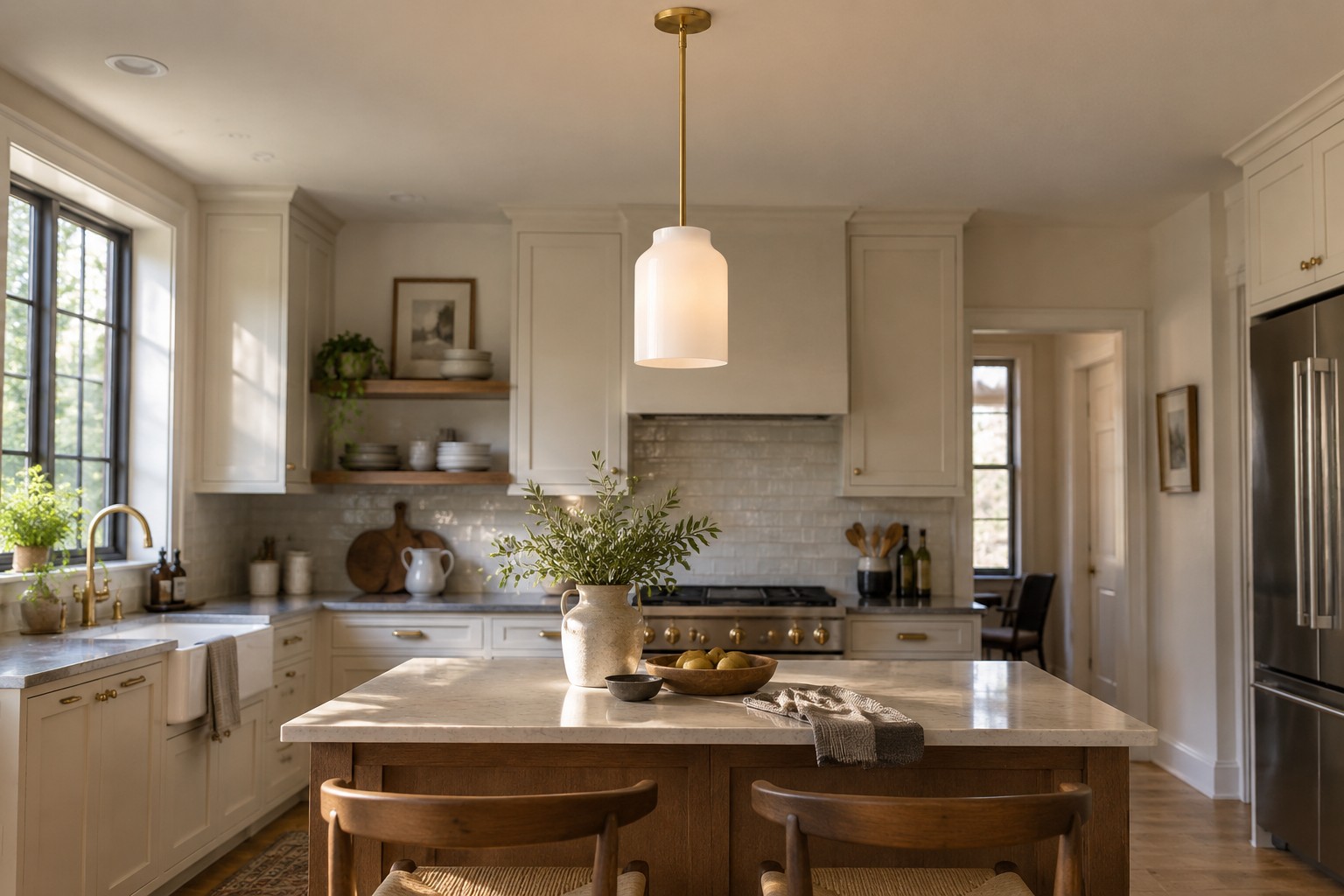 Seated view across a kitchen island beneath a single metal pendant