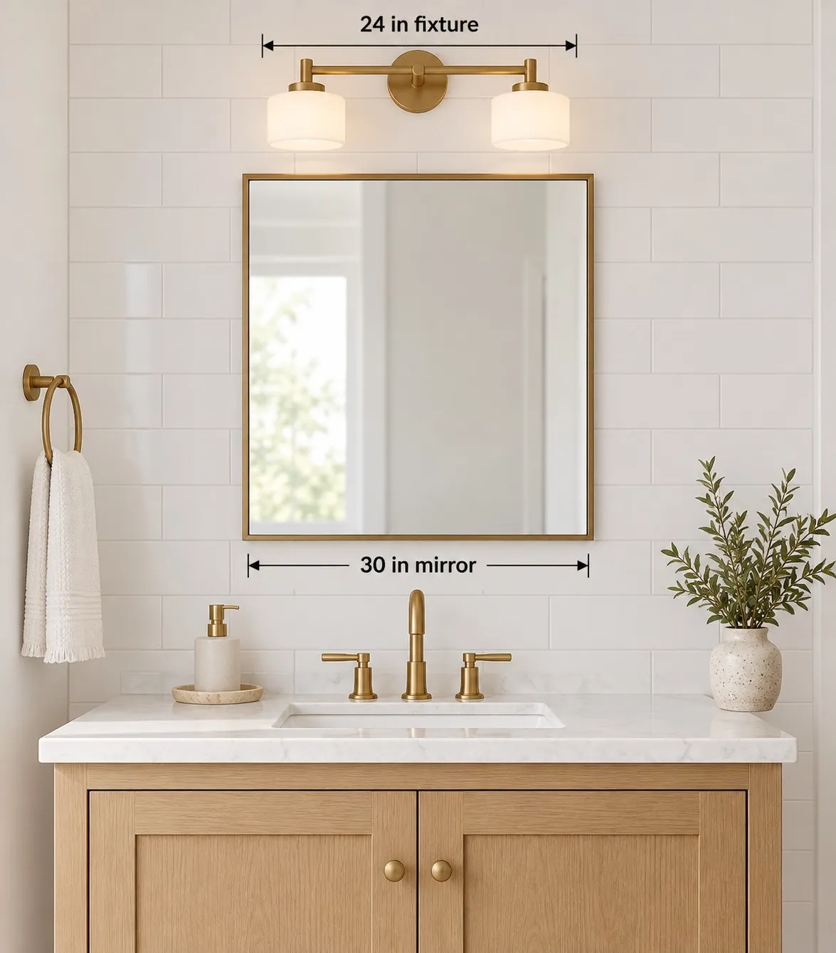 Diagram comparing a 30-inch bathroom mirror with a 24-inch horizontal vanity light above a single sink