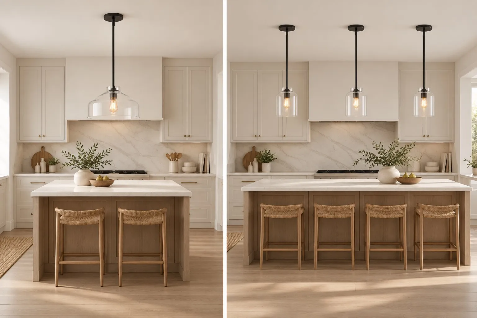 Comparison of one large pendant and multiple smaller pendants over kitchen islands