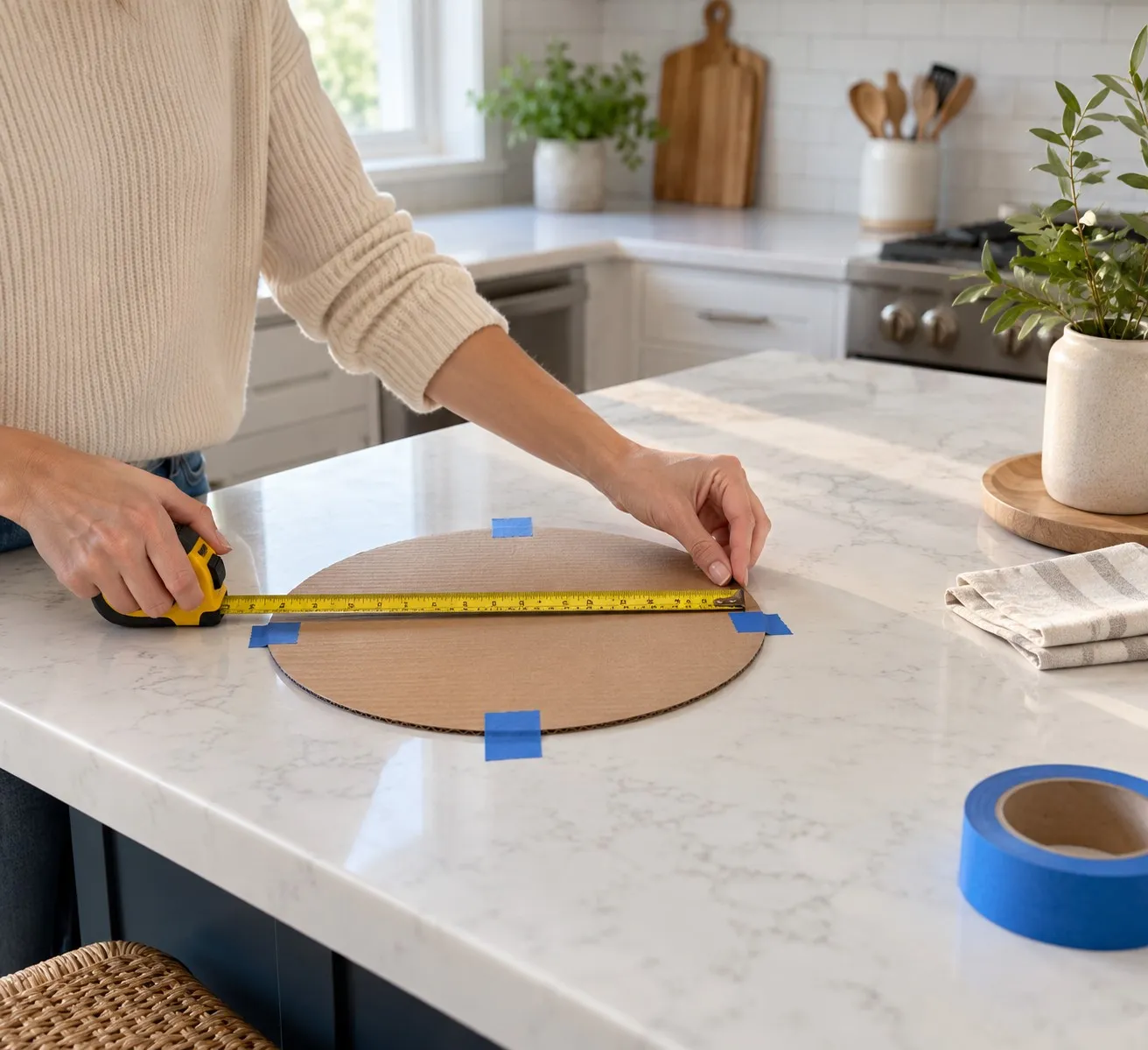Cardboard circle used to test pendant diameter on a kitchen island before purchase