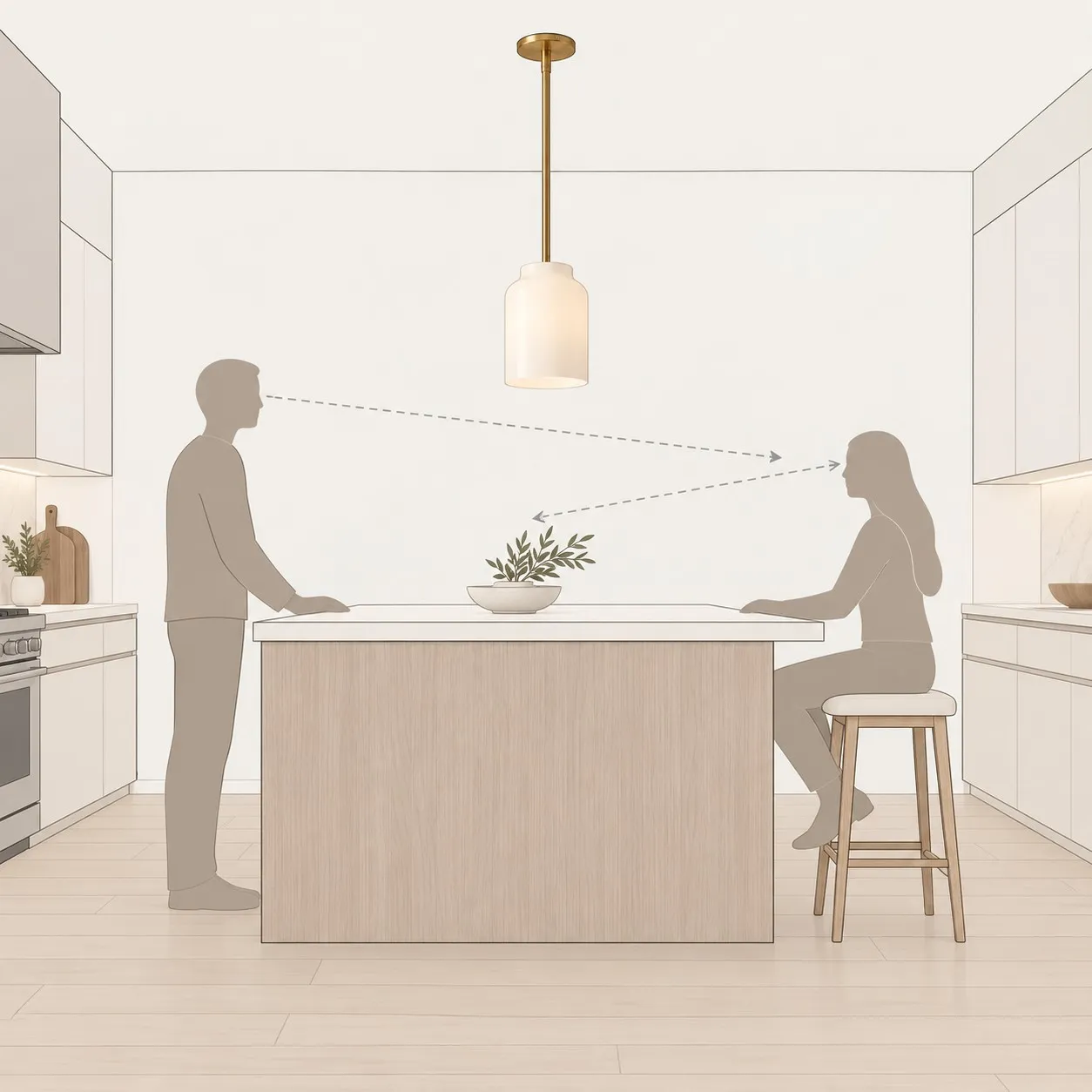 Standing and seated sightline check for a pendant light over a kitchen island
