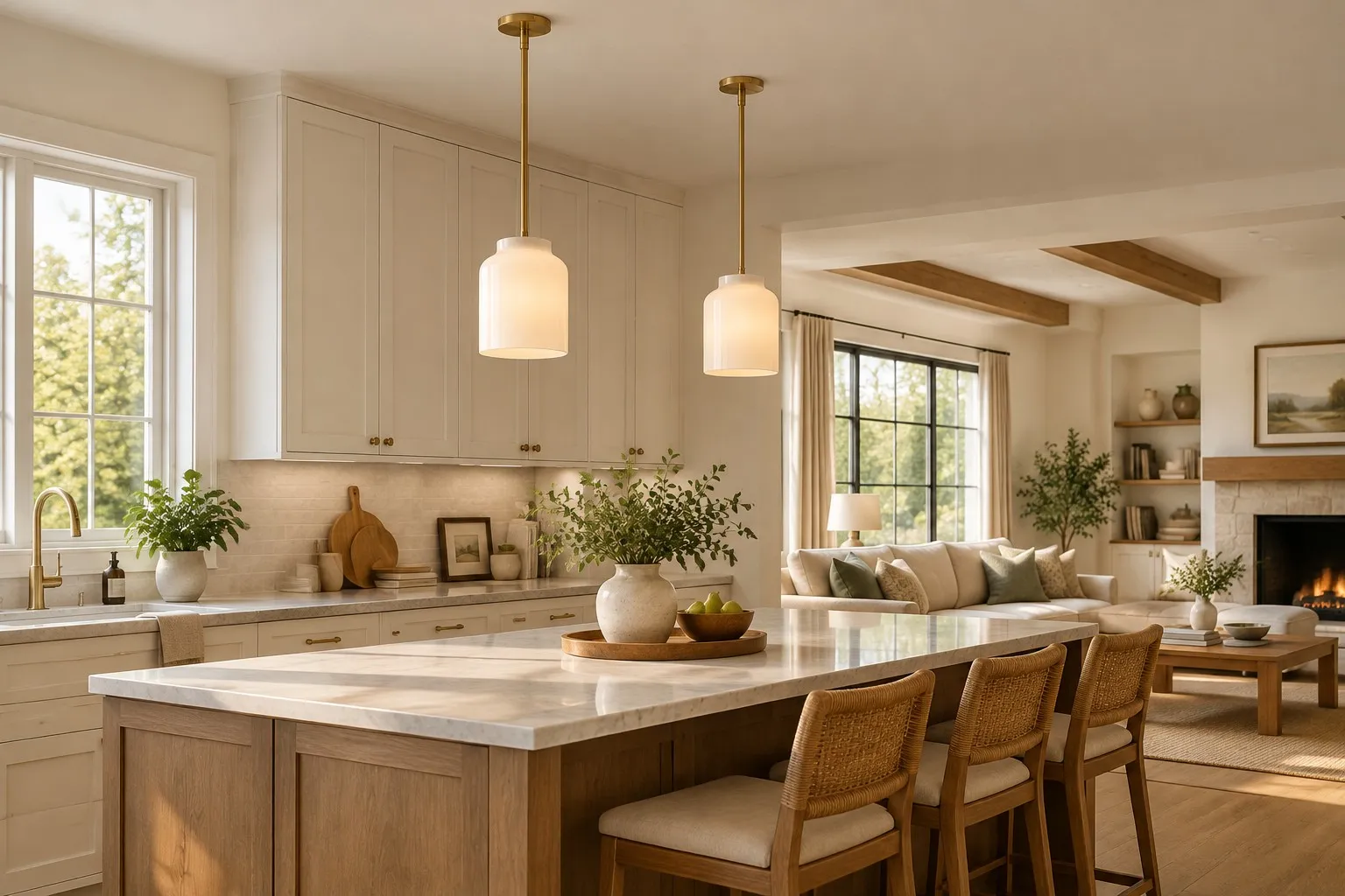 Open-plan kitchen showing aligned pendant light heights over an island beside the living area