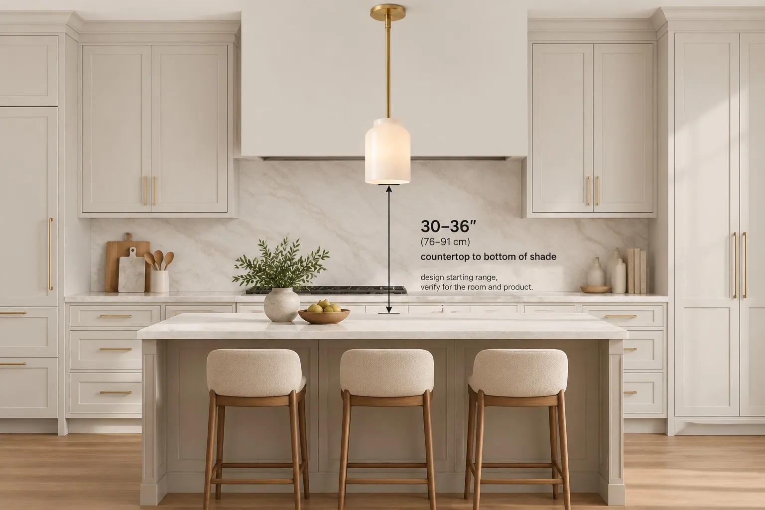 Diagram measuring pendant height from the kitchen island countertop to the bottom of the shade