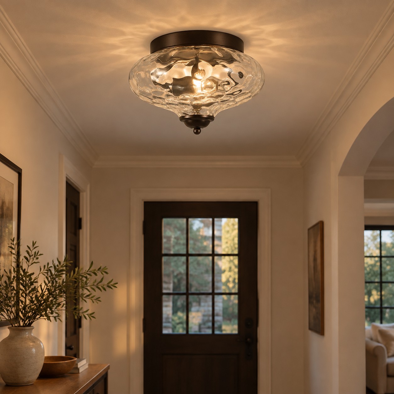 Two-Light Hammered Ceiling Light with four finishes and a broad glass cover