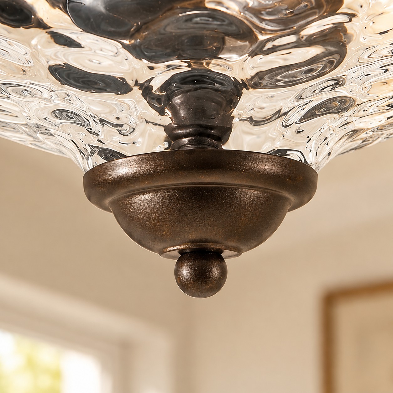 Two-Light Hammered Ceiling Light with four finishes and a broad glass cover