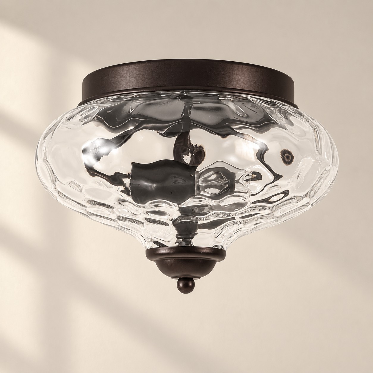 Two-Light Hammered Ceiling Light with four finishes and a broad glass cover