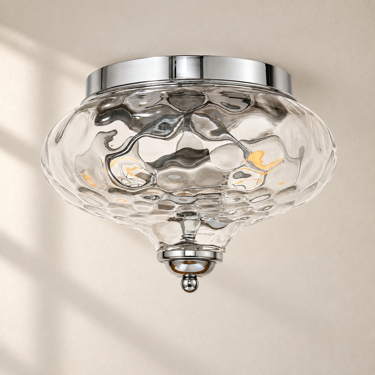 Two-Light Hammered Ceiling Light with four finishes and a broad glass cover