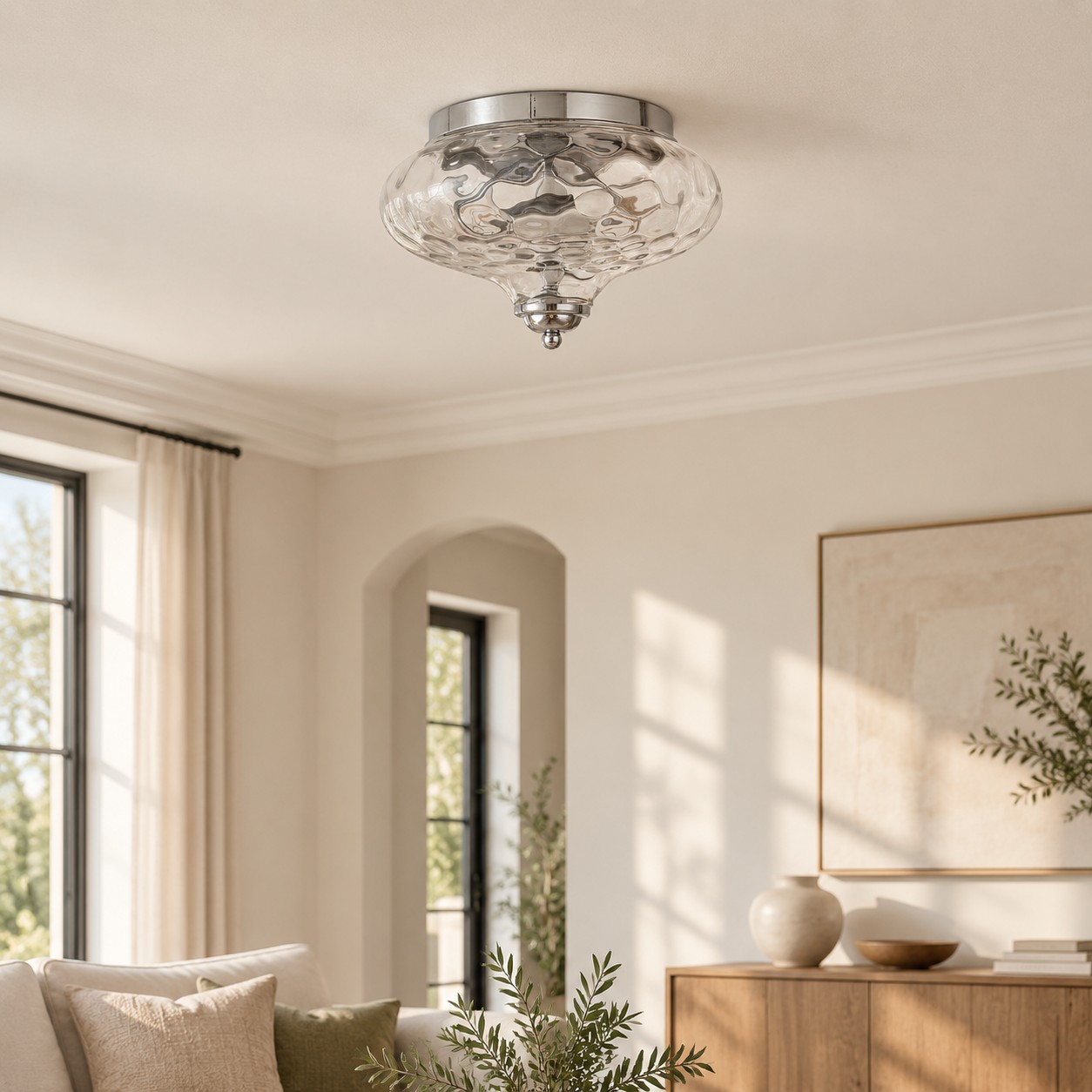 Two-Light Hammered Ceiling Light with four finishes and a broad glass cover