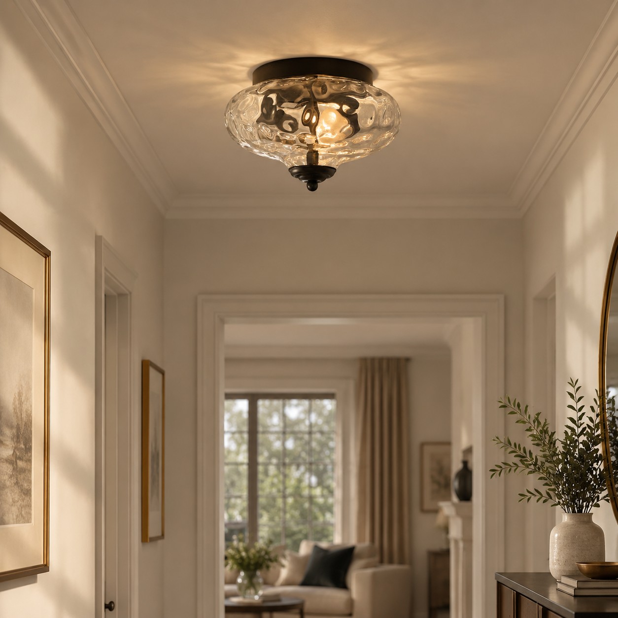 Two-Light Hammered Ceiling Light with four finishes and a broad glass cover