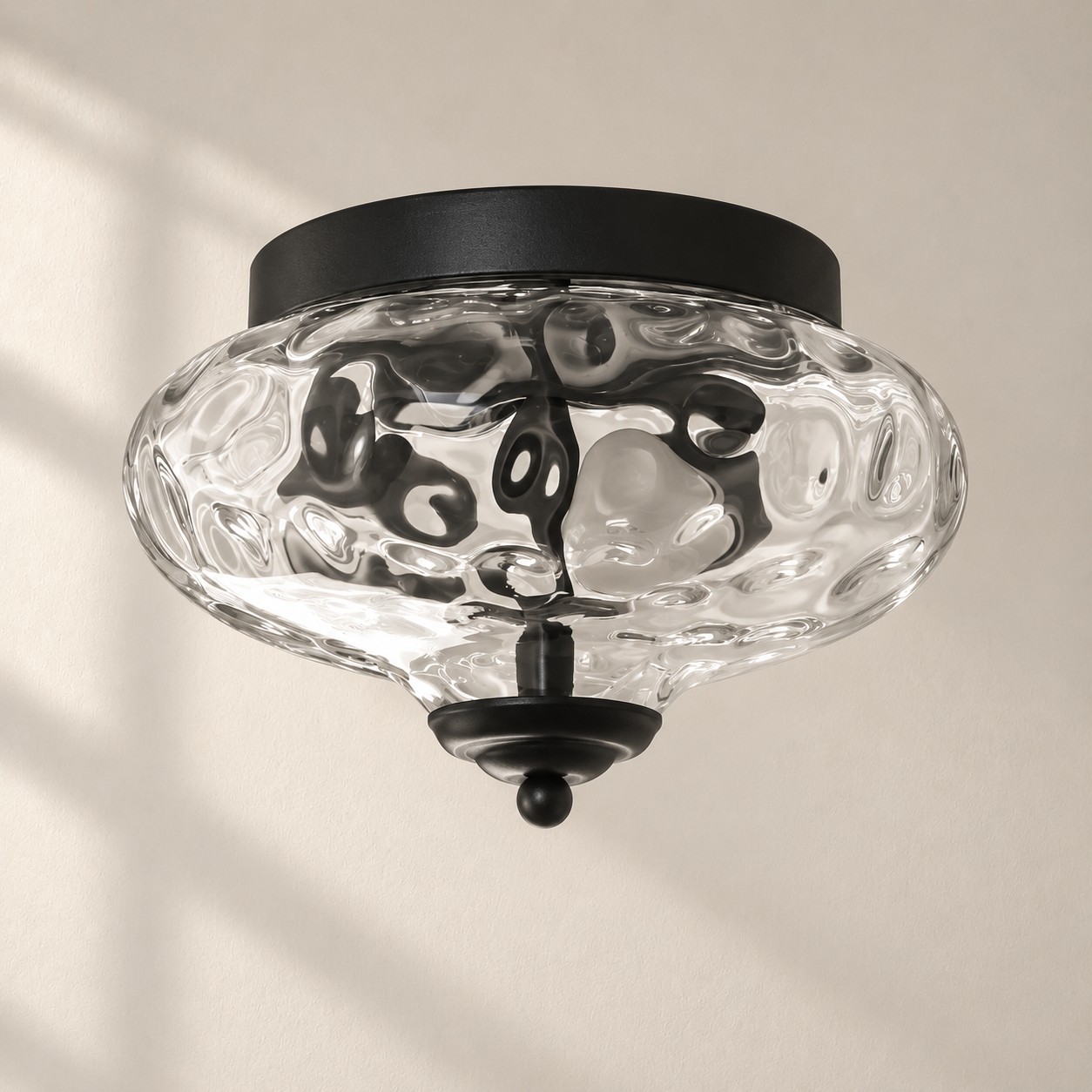 Two-Light Hammered Ceiling Light with four finishes and a broad glass cover