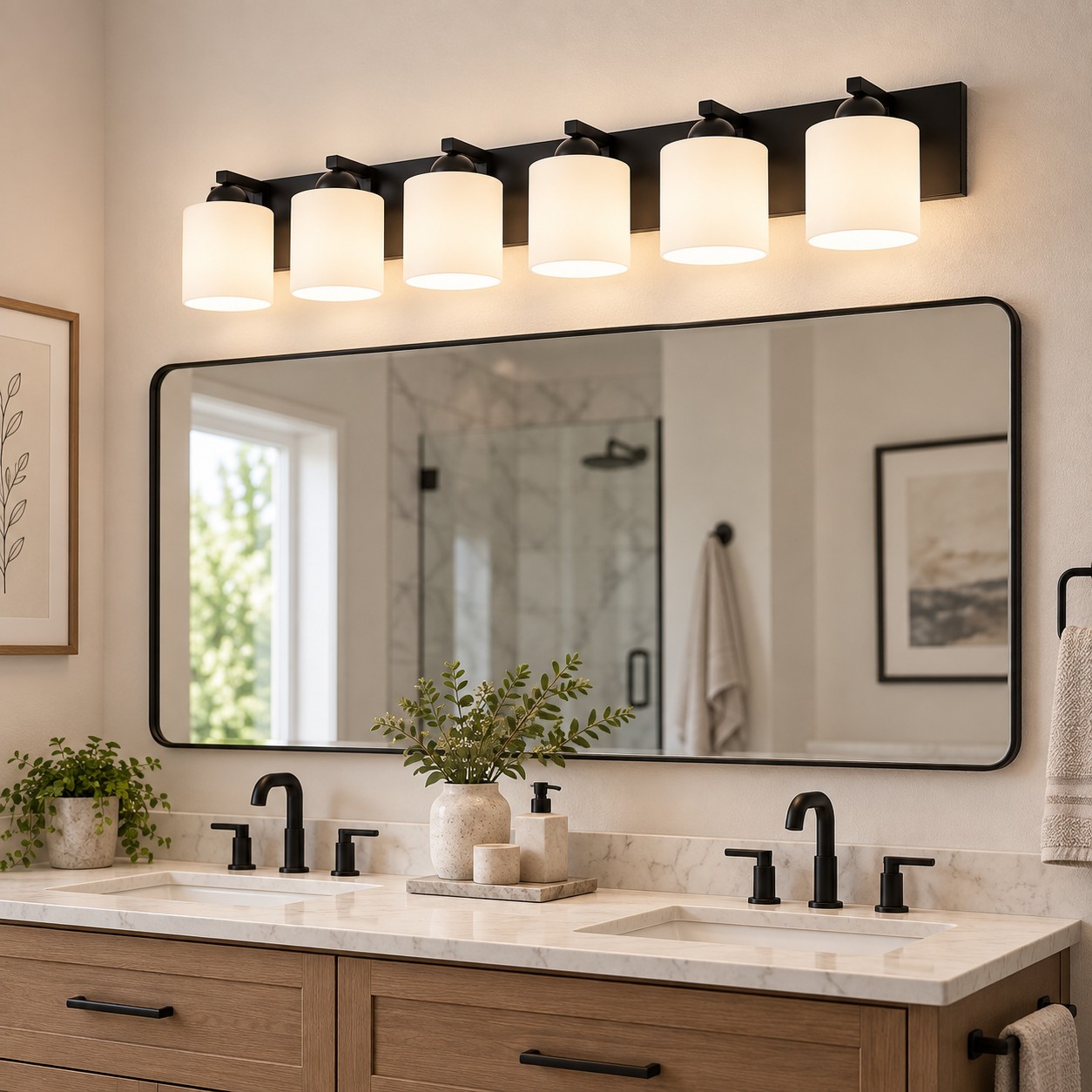 Glass Bathroom Vanity Light with one to six lights and a metal wall bar