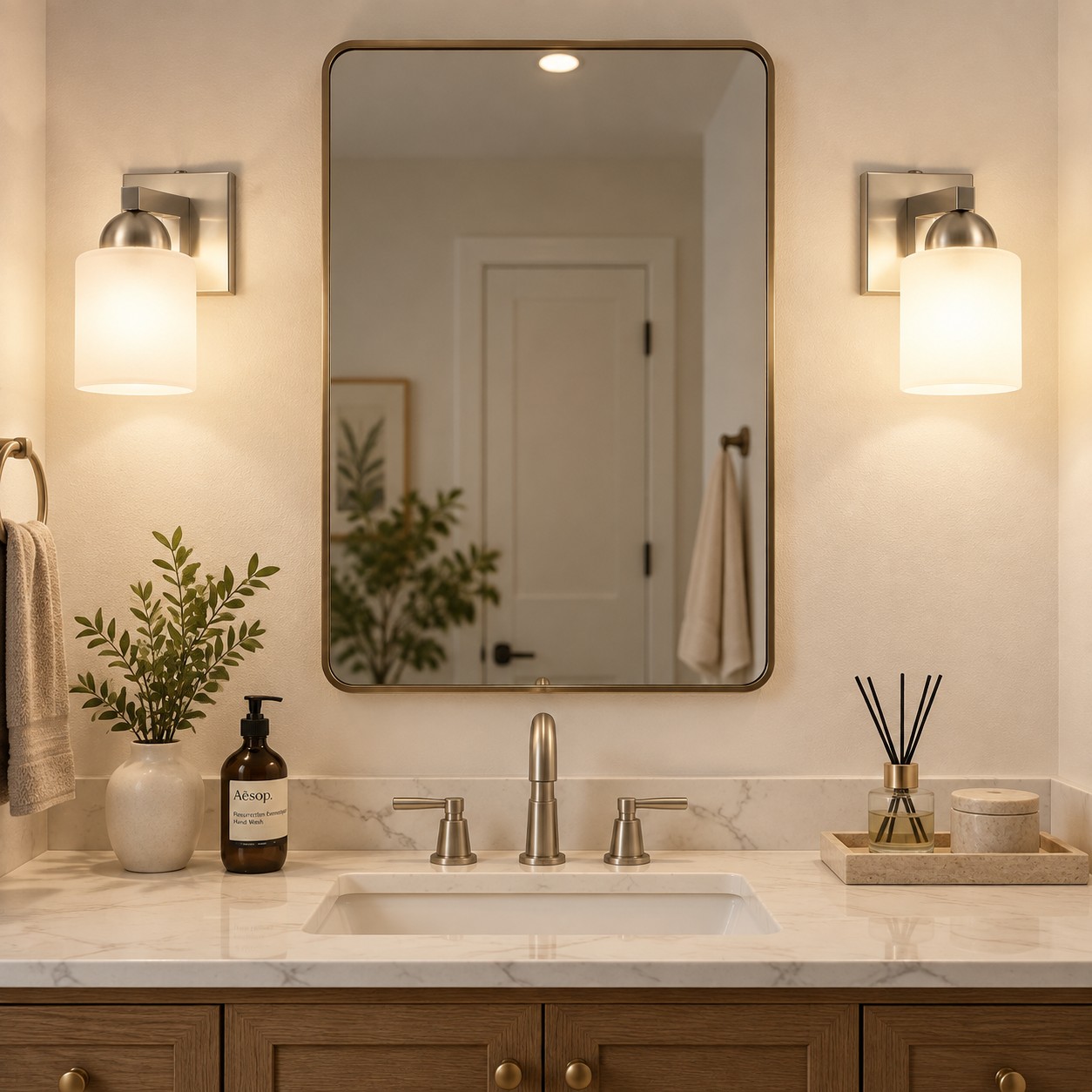 Glass Bathroom Vanity Light with one to six lights and a metal wall bar