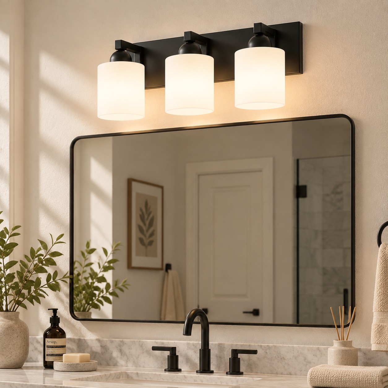 Glass Bathroom Vanity Light with one to six lights and a metal wall bar