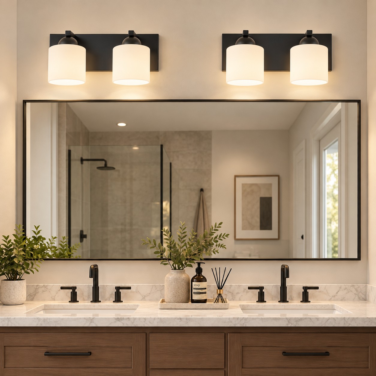 Glass Bathroom Vanity Light with one to six lights and a metal wall bar