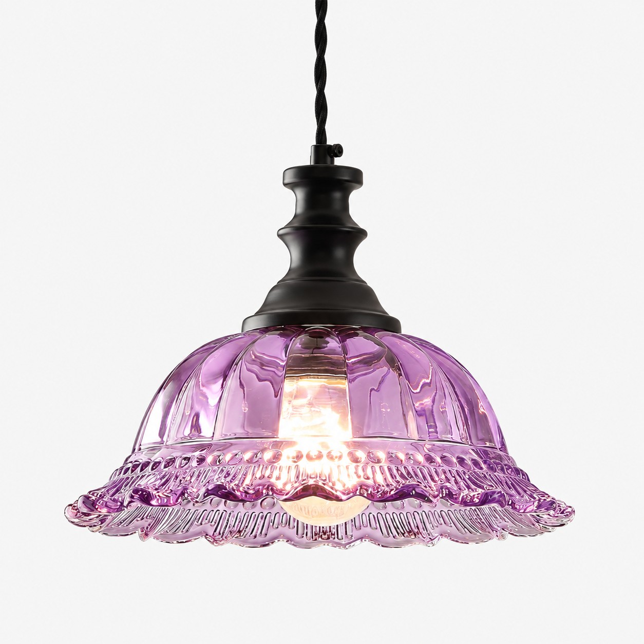 Vintage Fluted Glass Pendant with brass or black metal and coloured glass