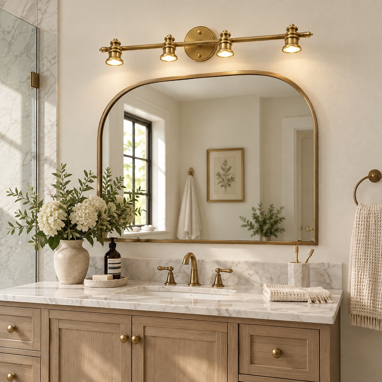 Aurelia Brass Vanity Wall Light with one to five heads and a linear wall bar