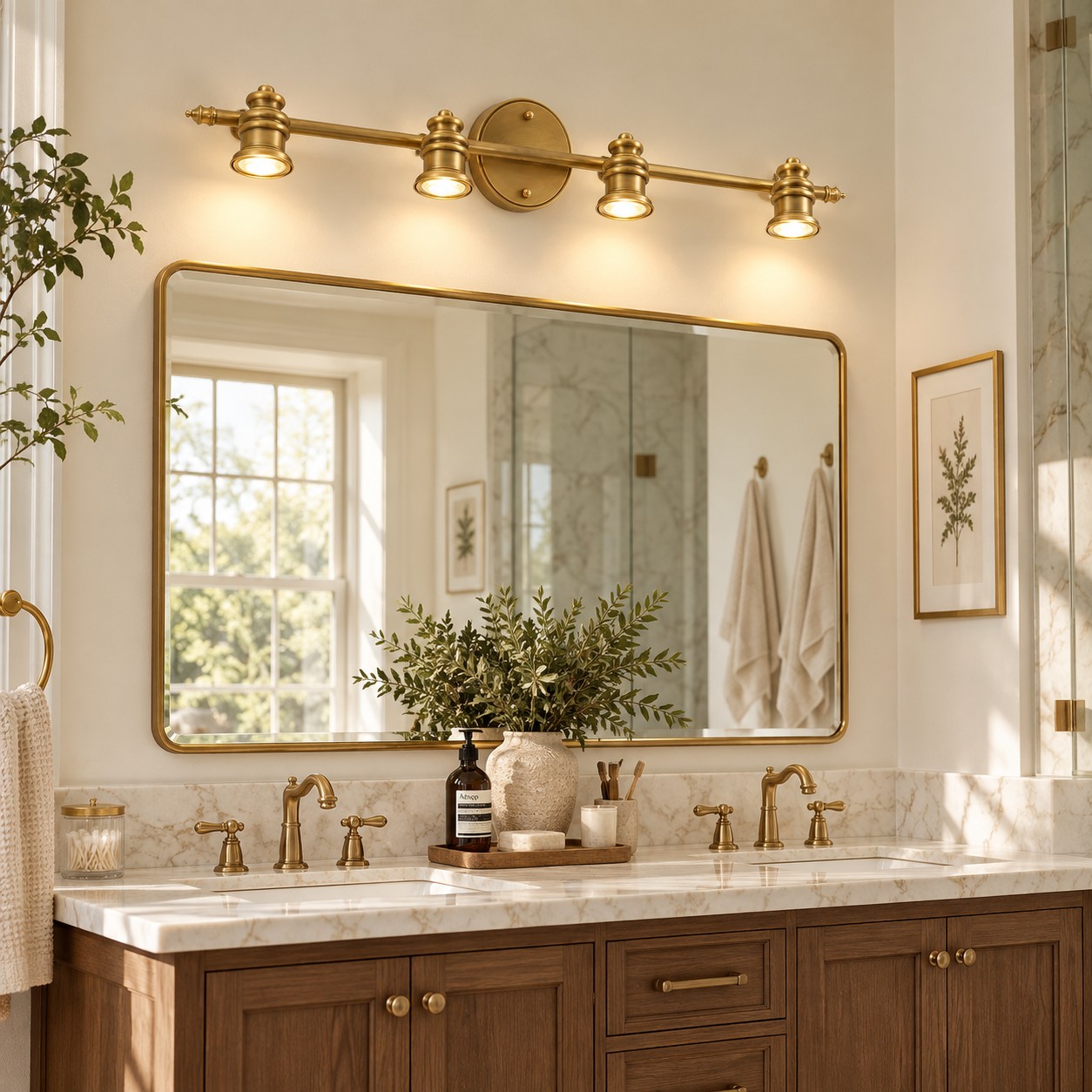 Aurelia Brass Vanity Wall Light with one to five heads and a linear wall bar