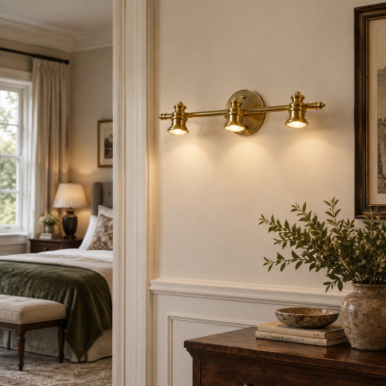Aurelia Brass Vanity Wall Light with one to five heads and a linear wall bar