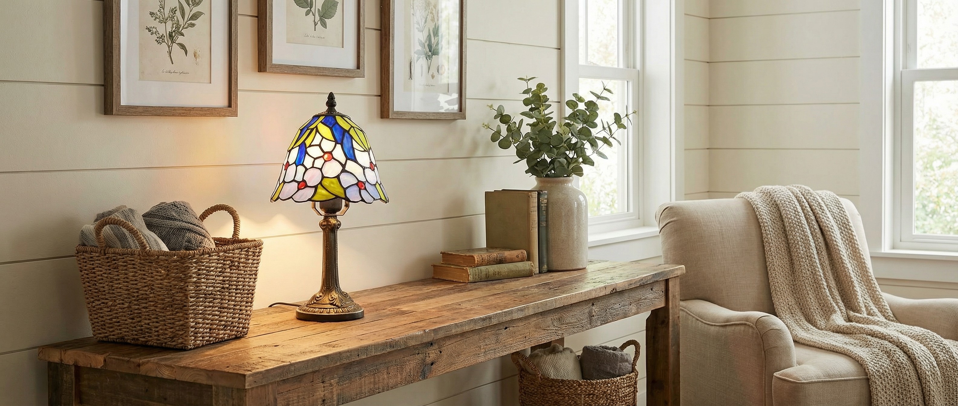 Tiffany table lamp styled on a rustic dining table