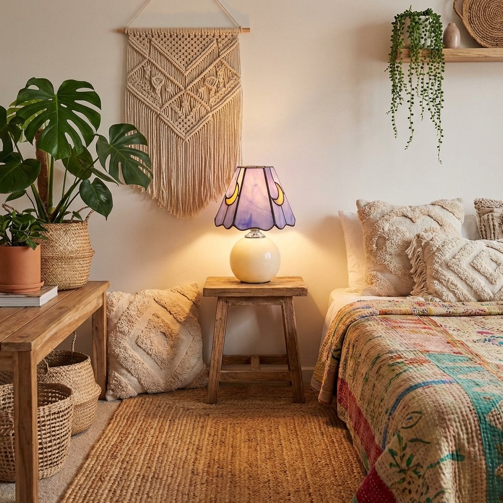 Mushroom lamp glowing in a boho bedroom