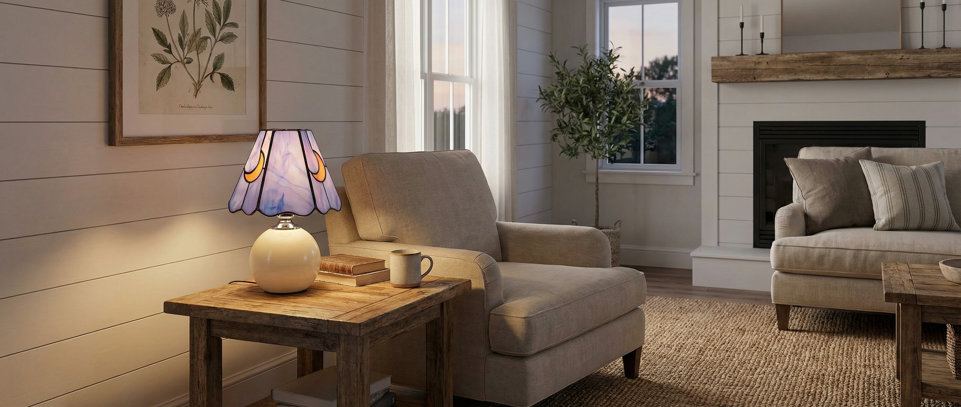 Mushroom stained glass lamp styled in a cozy living space