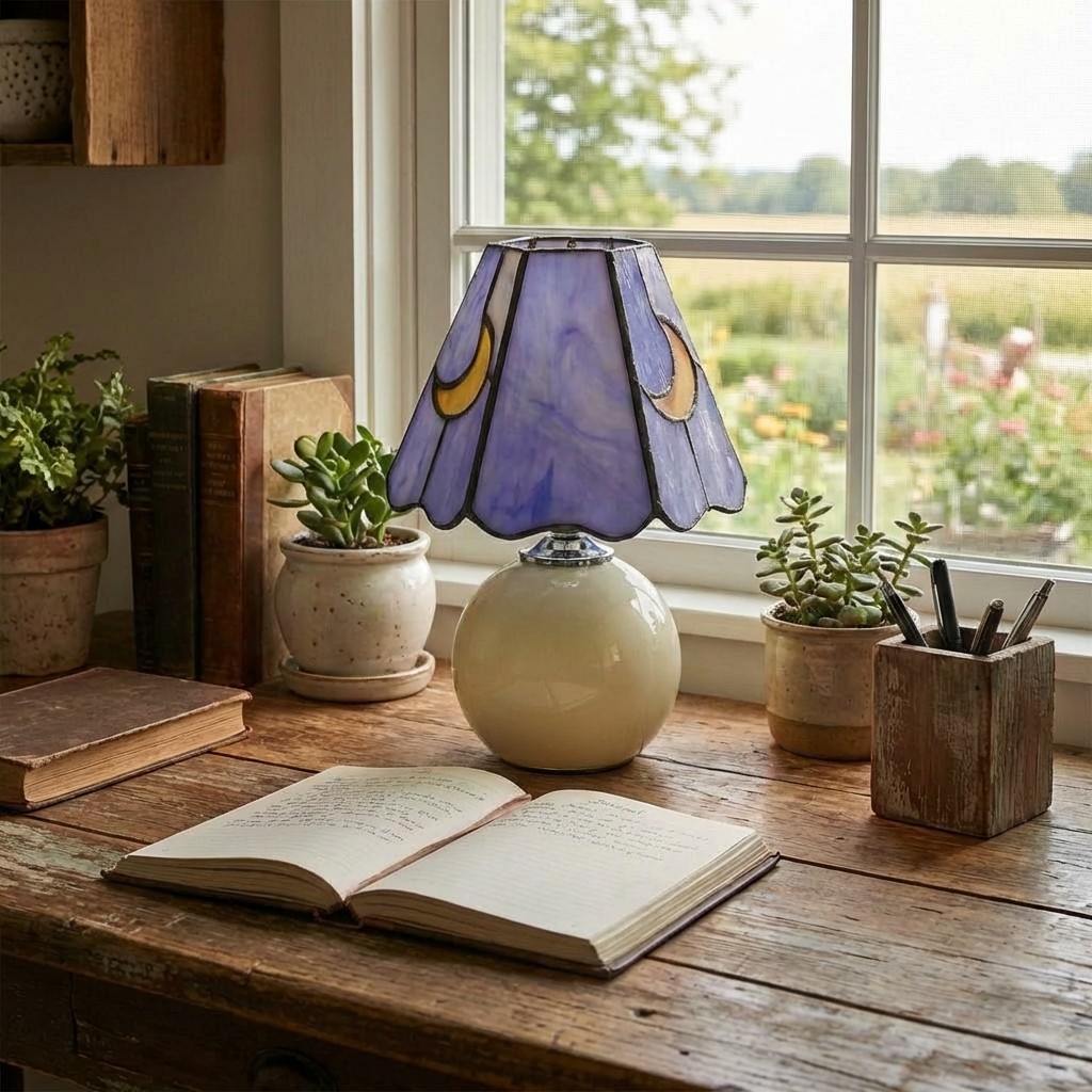 Purple stained glass table lamp beside a window