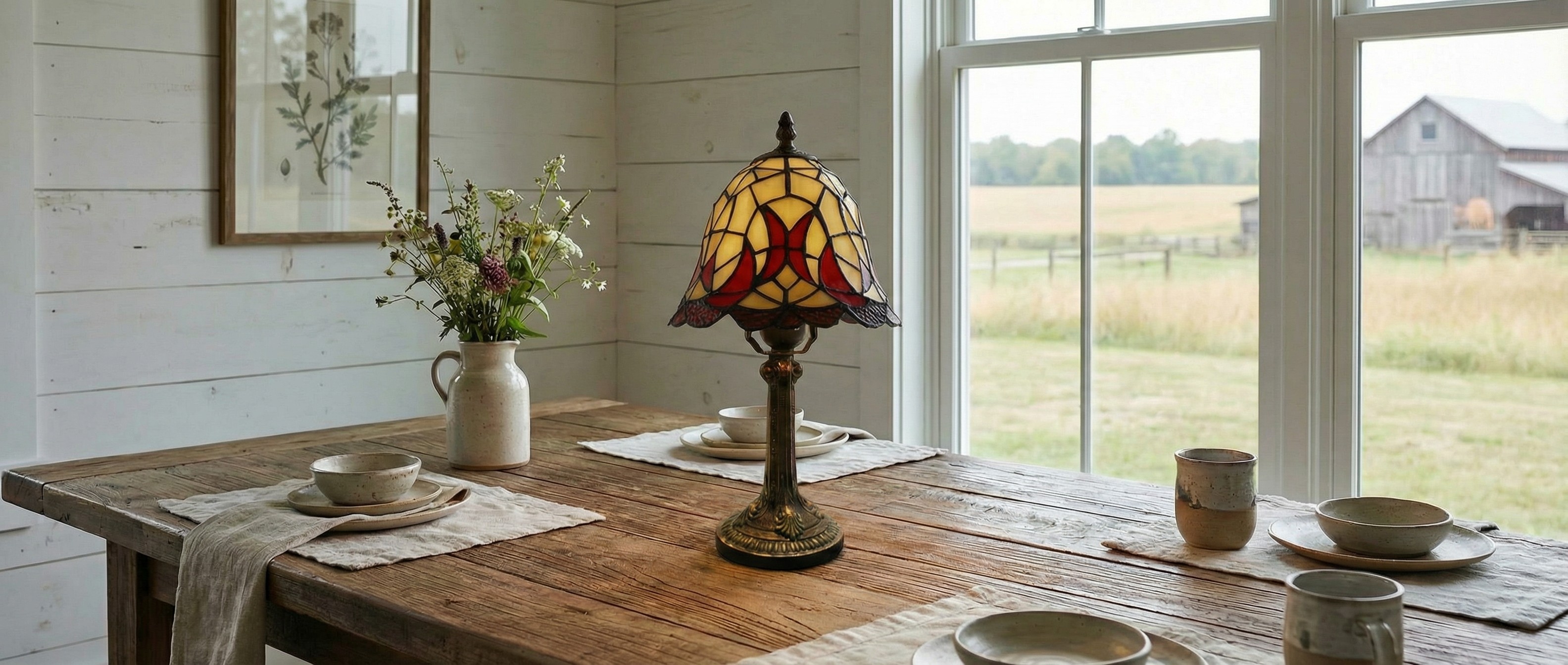 Warm Tiffany table lamp scene by a window