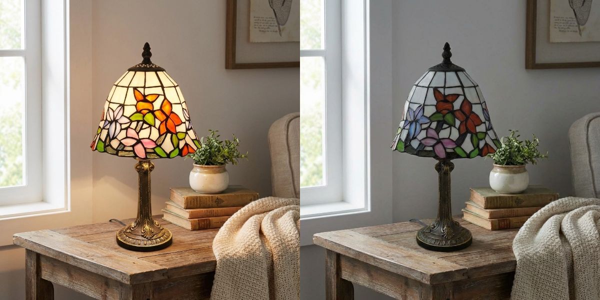 Tiffany lamp shown with warm and dimmed lighting comparison