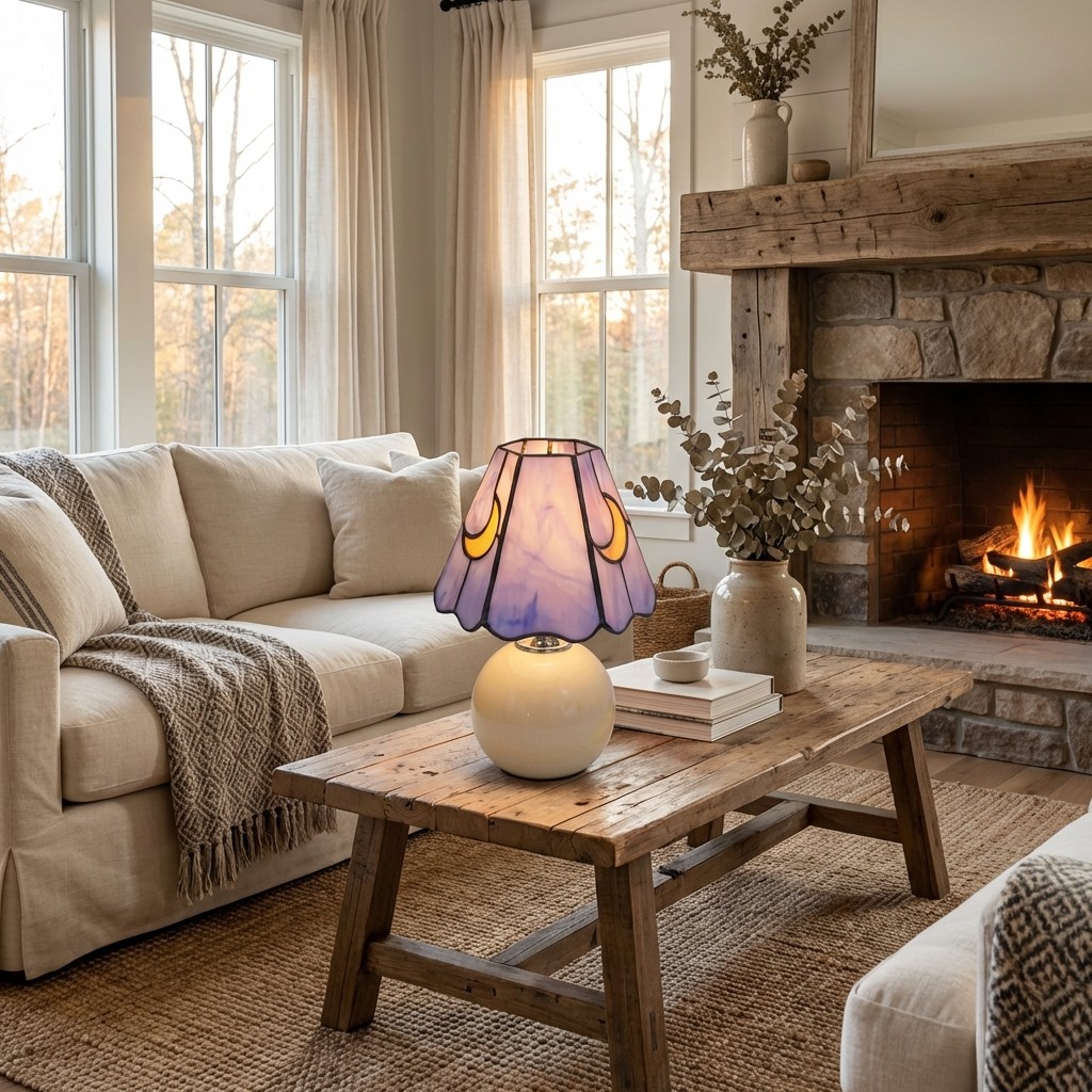 Mushroom stained glass table lamp in a living room