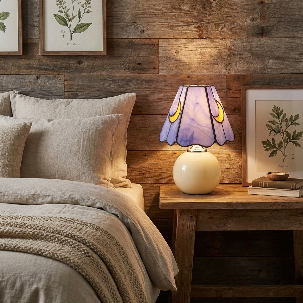 Mushroom stained glass table lamp on a bedside table