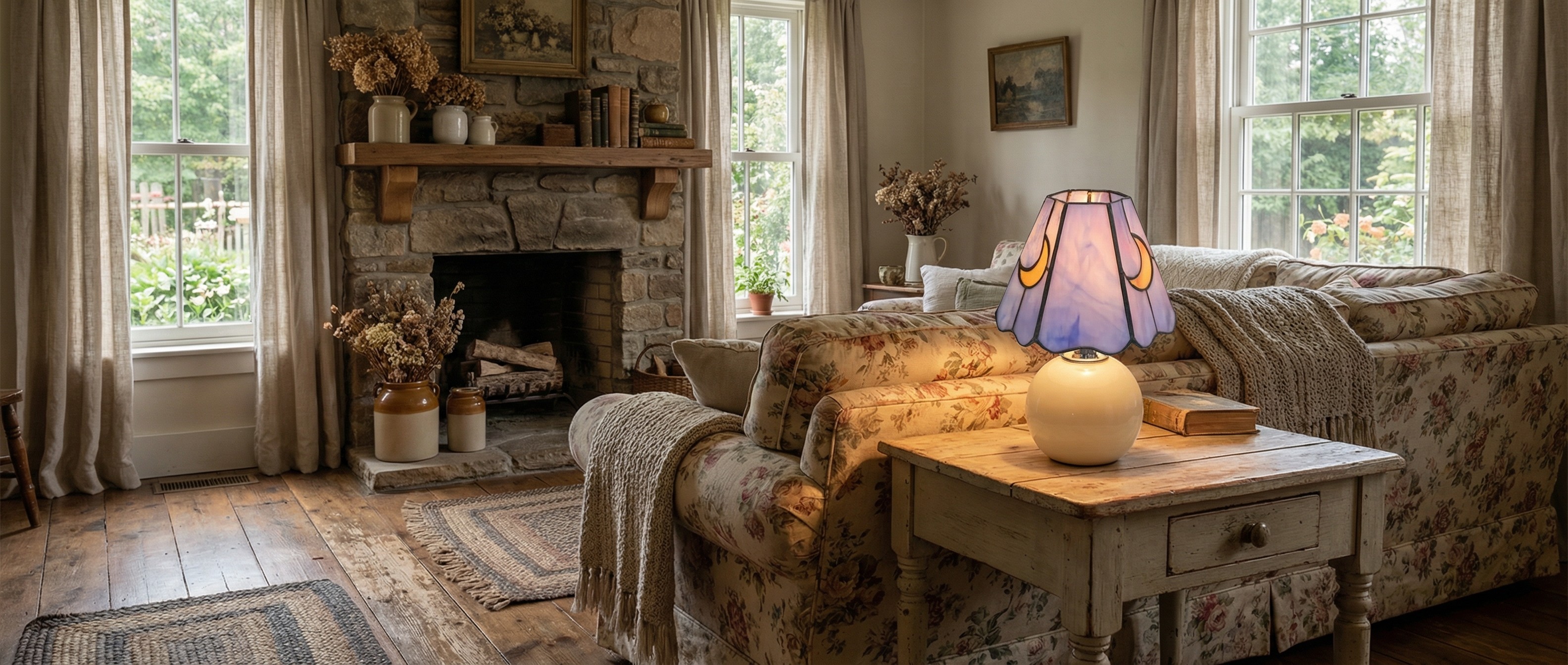 Mushroom lamp glowing beside a floral sofa