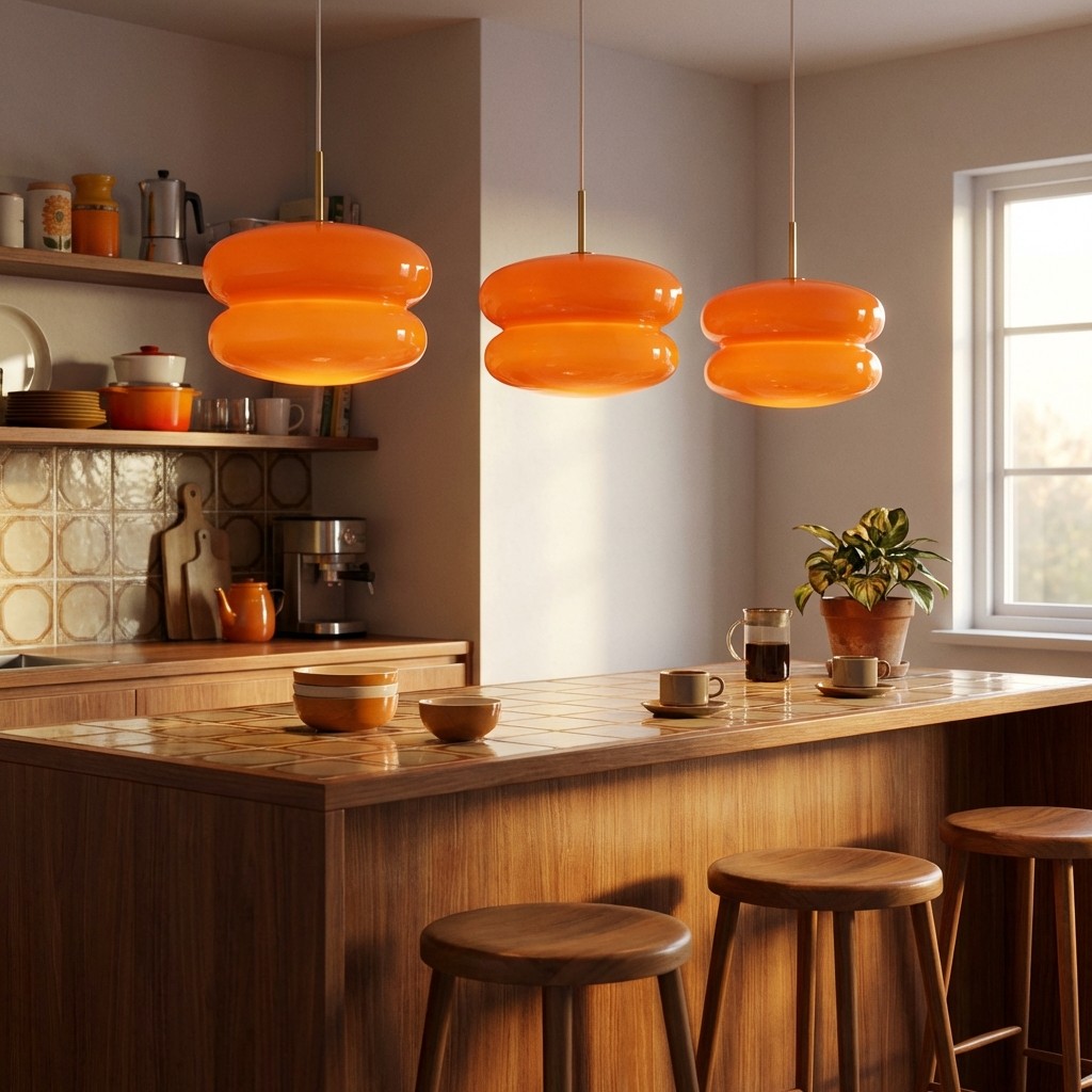 Orange Cirren pendant lights over a kitchen island
