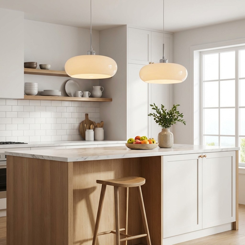 Round glass pendant lights over a kitchen island