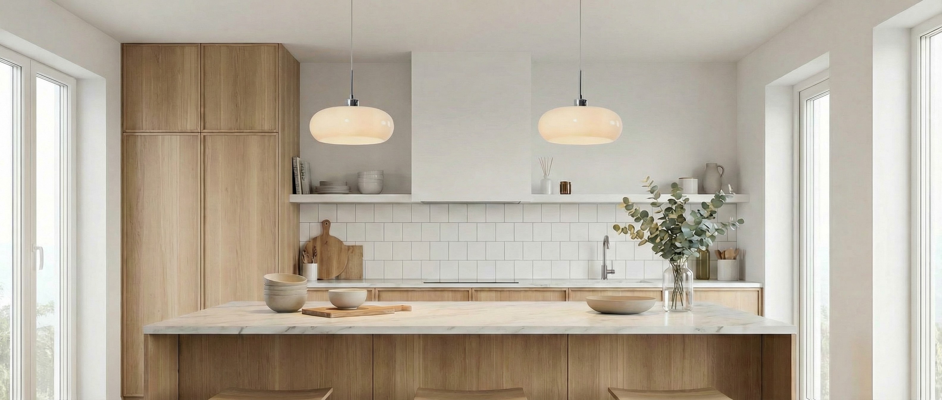 Modern kitchen with soft round glass pendant lighting
