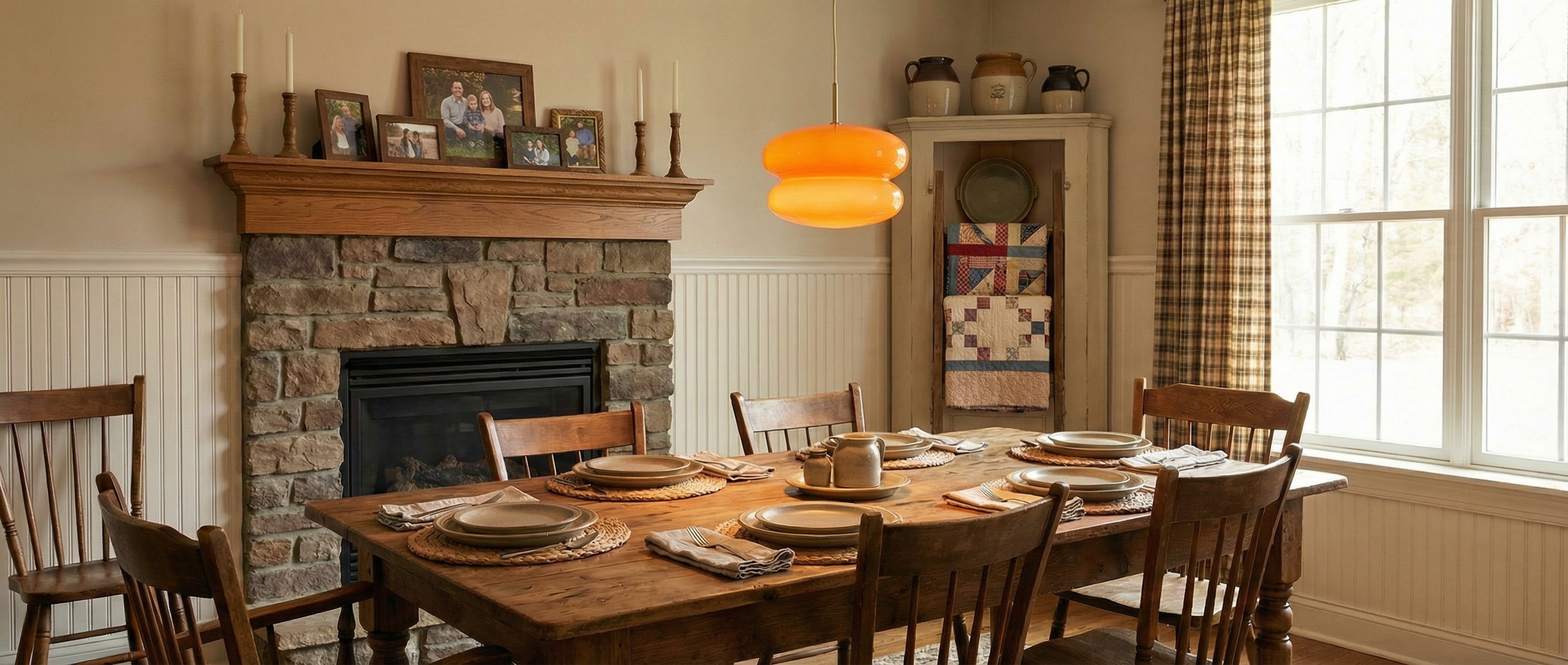 Orange Cirren pendant above a wooden dining table