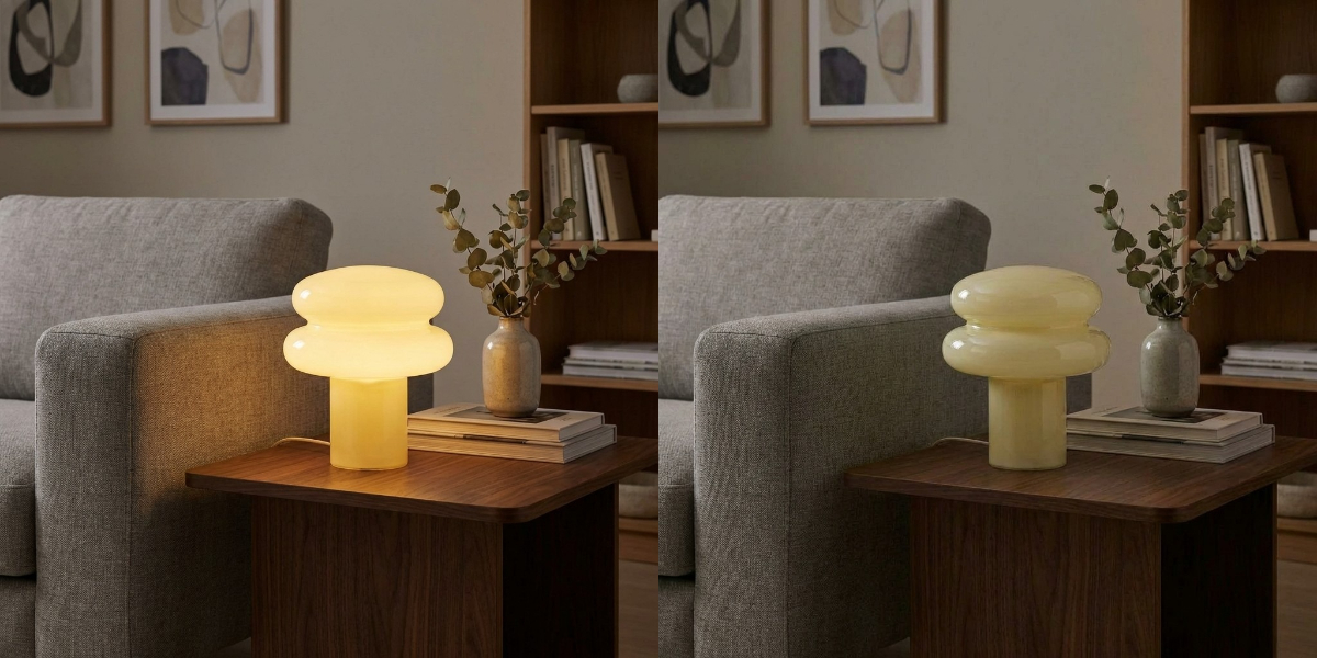 Cirren table lamp shown on a side table in warm light