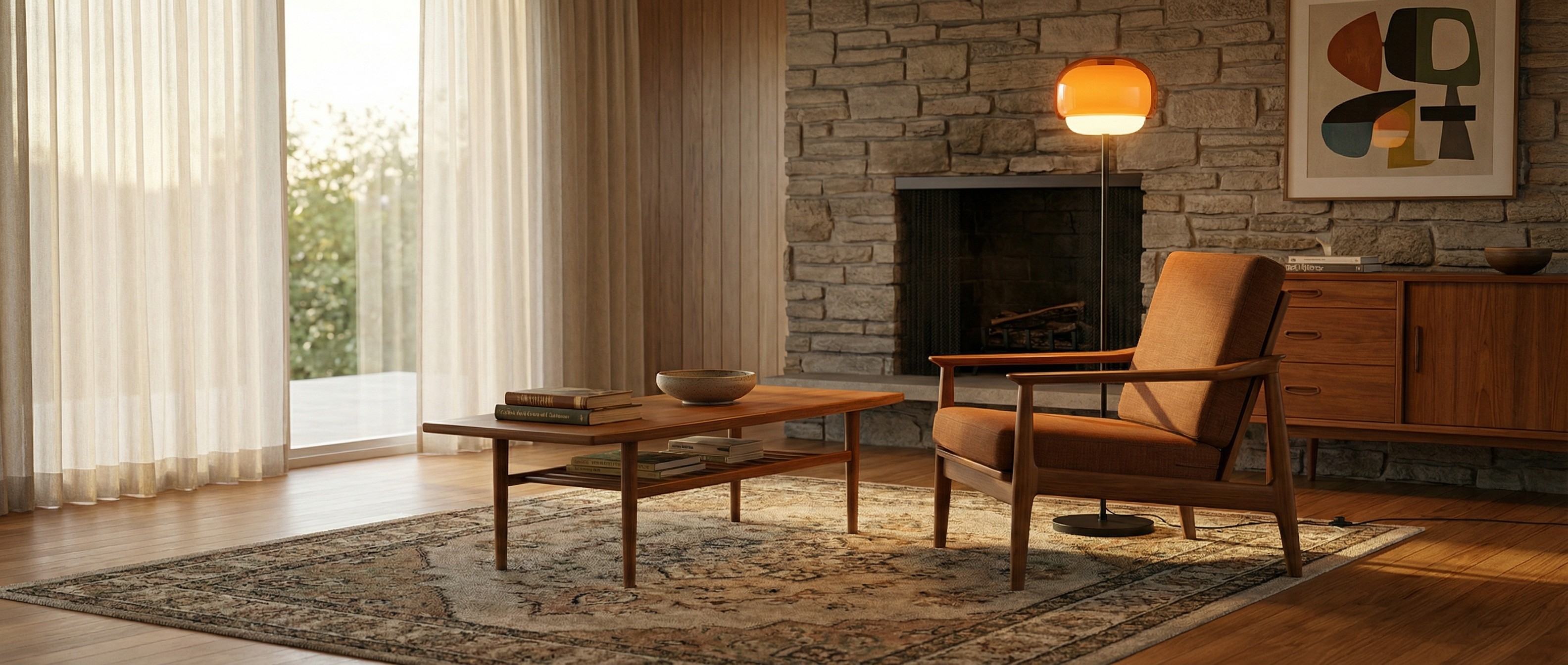 Clinco floor lamp styled near a sofa and art wall