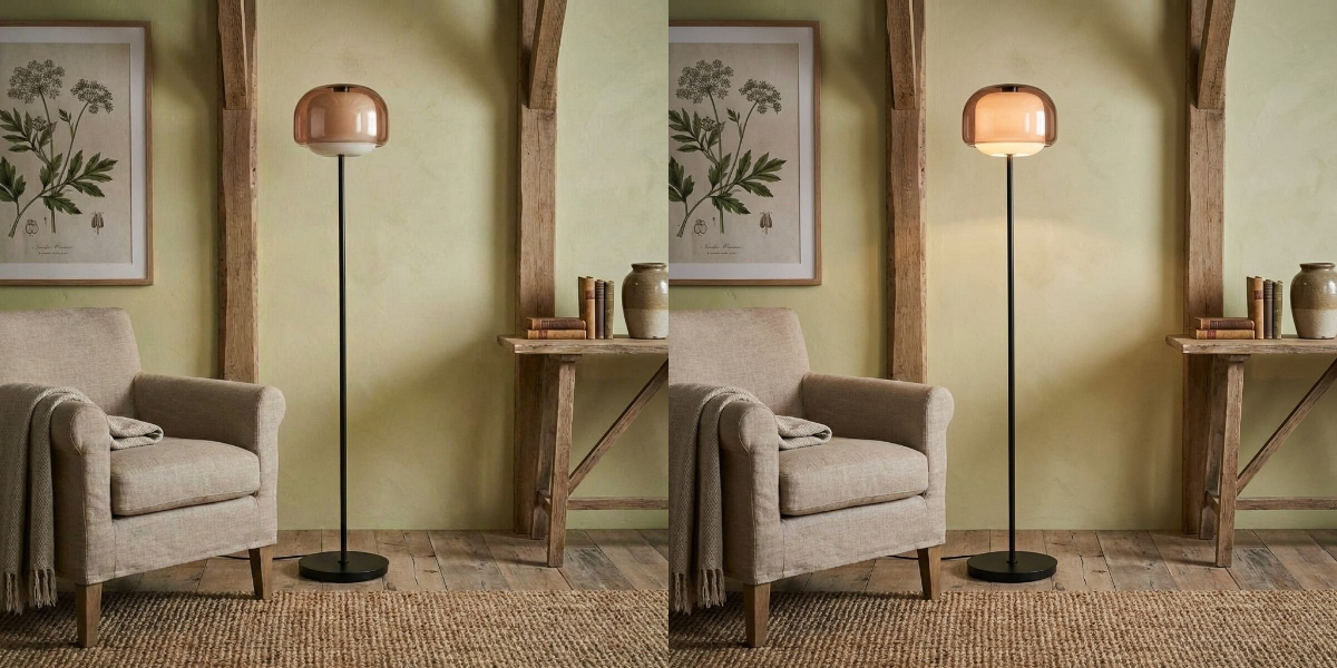 Clinco floor lamp styled in a room with an armchair