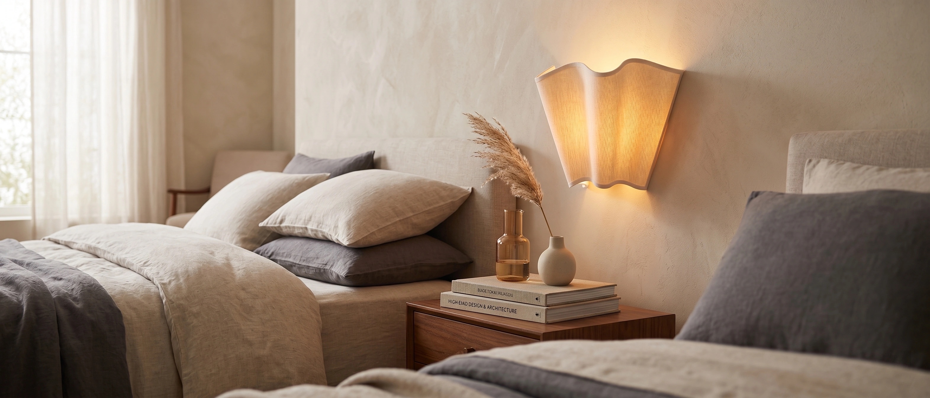 Oslan wall sconce styled in a warm bedroom space