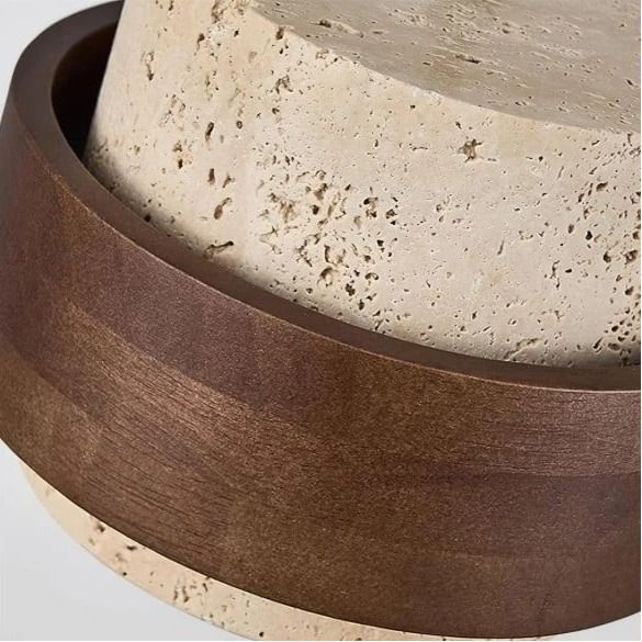 Close-up of travertine and wood detail