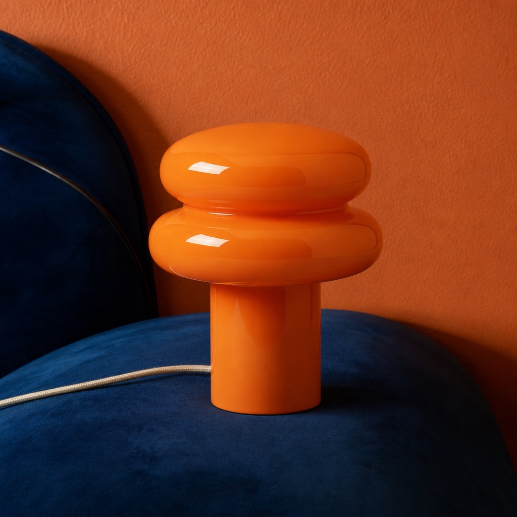 Cirren table lamp in orange on a blue chair